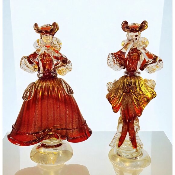VTG Murano Venetian Dancer Figurines Figure Pair Blue Gold Mica Made in Italy - Picture 1 of 9